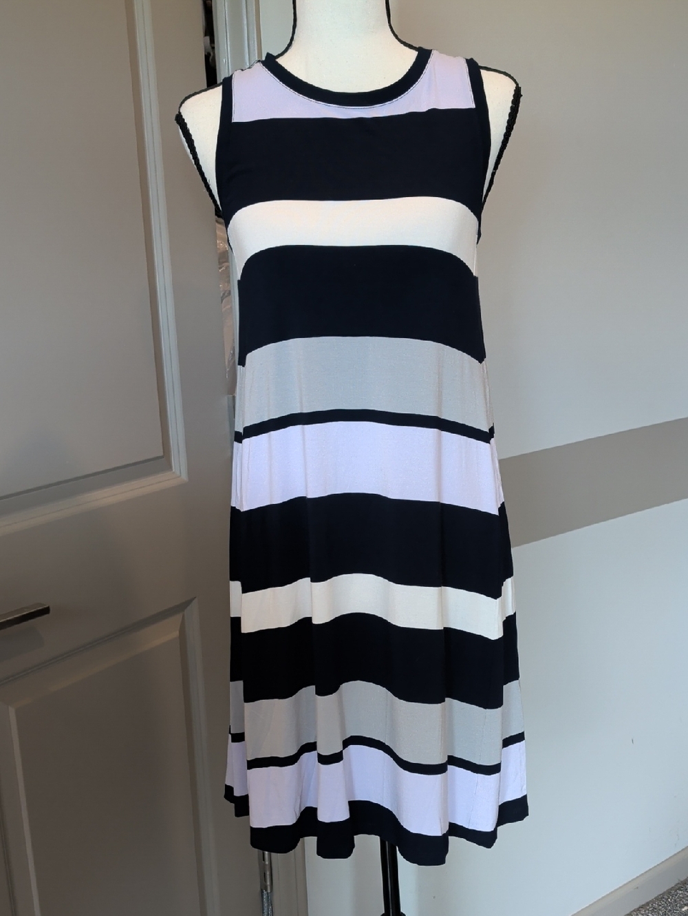 LOFT Black and White Striped Sleeveless Mini Dress
